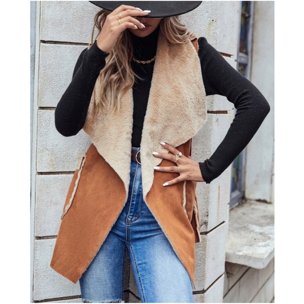 Cozy Camel Vegan Suede Teddy Pocket Vest Fall - Picture 2 of 5